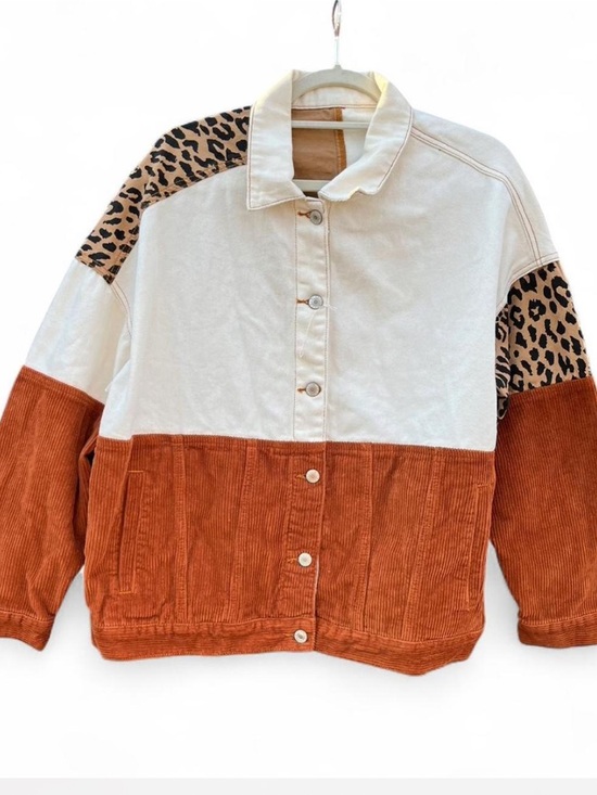 County Seat Jackets & Blazers - 90s Colorblock Corduroy Jacket with Leopard Accent - Cream & Rust